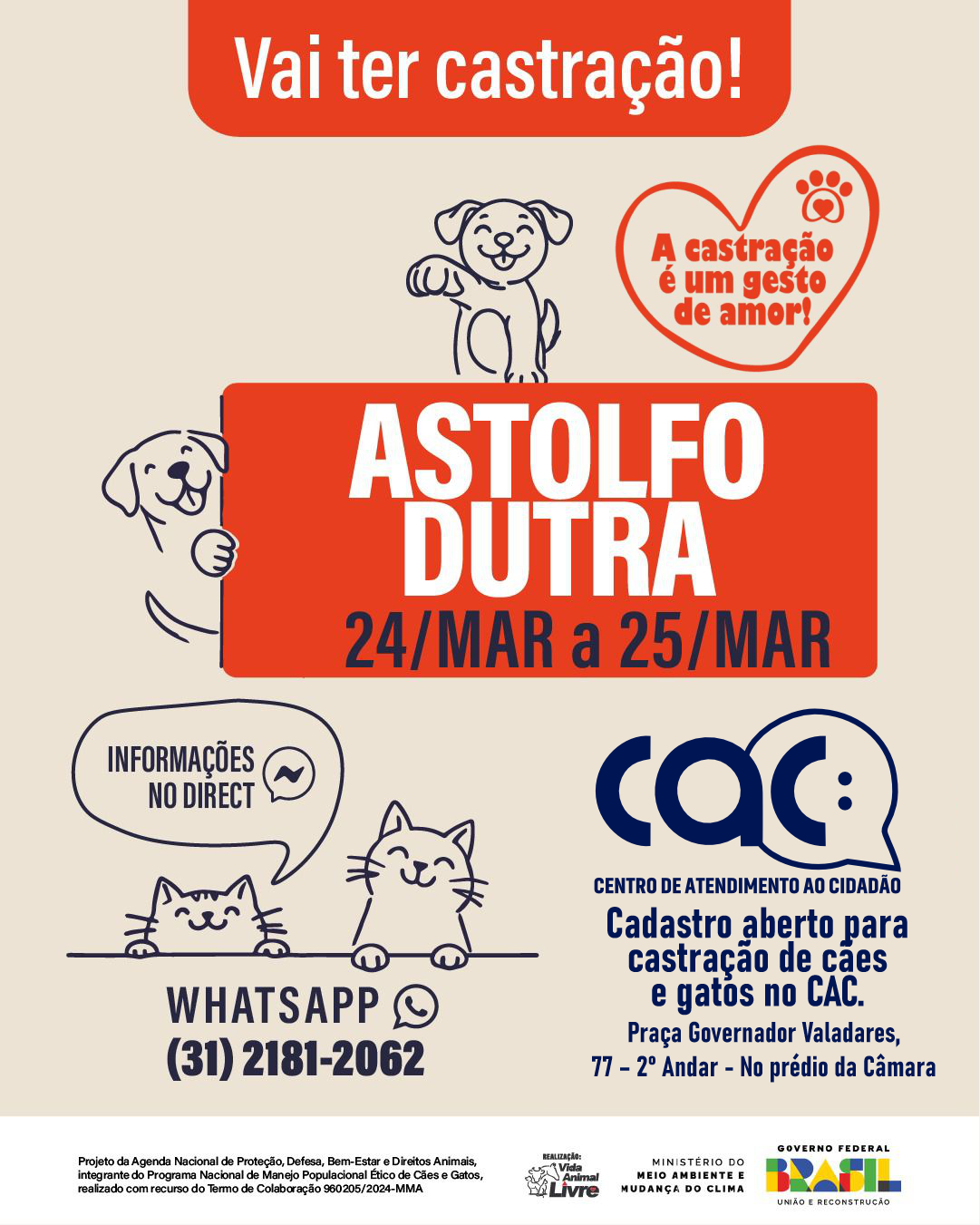 Estão abertas as inscrições para o cadastramento de castração de animais no CAC.
