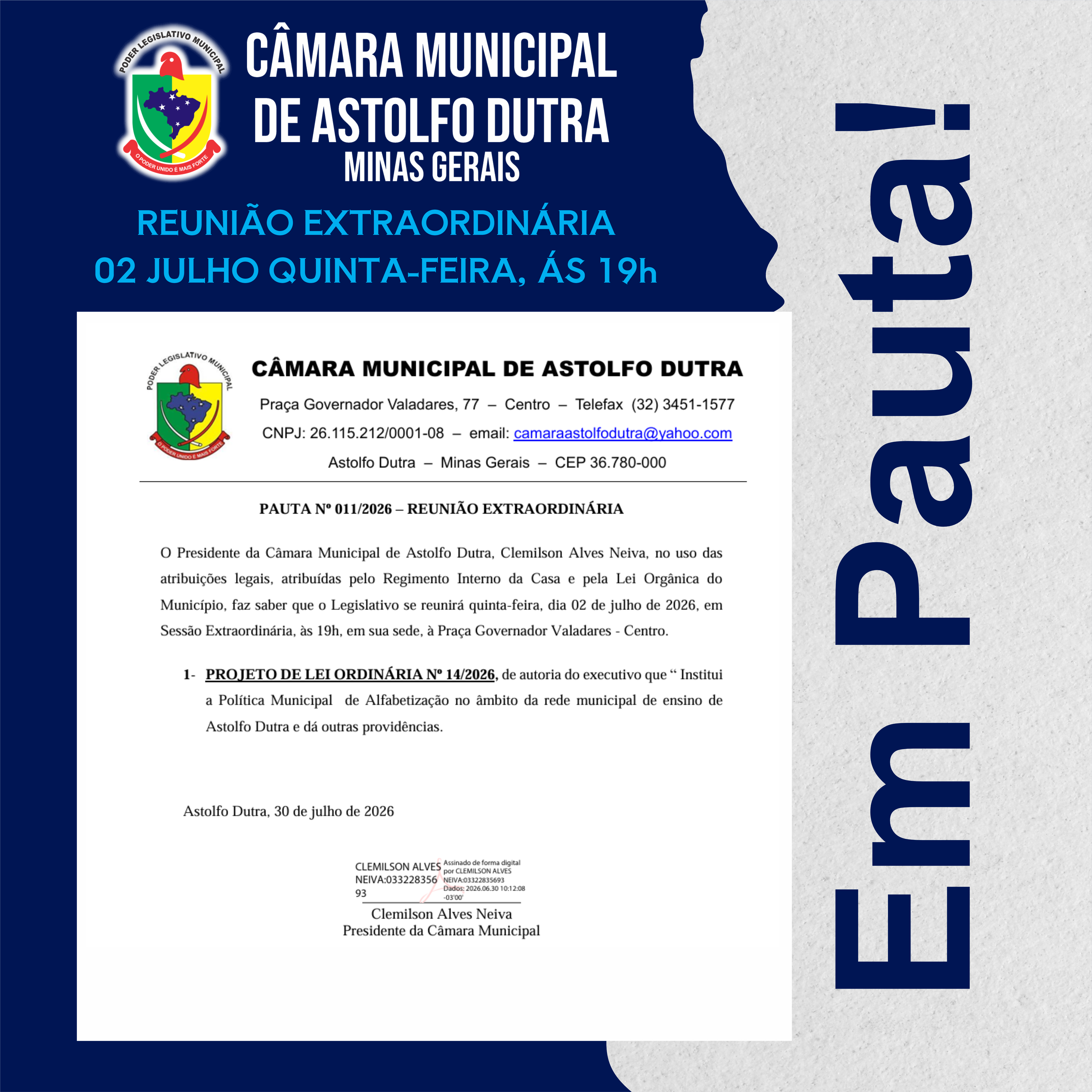 A Câmara Municipal divulga a pauta da Reunião Extraordinária