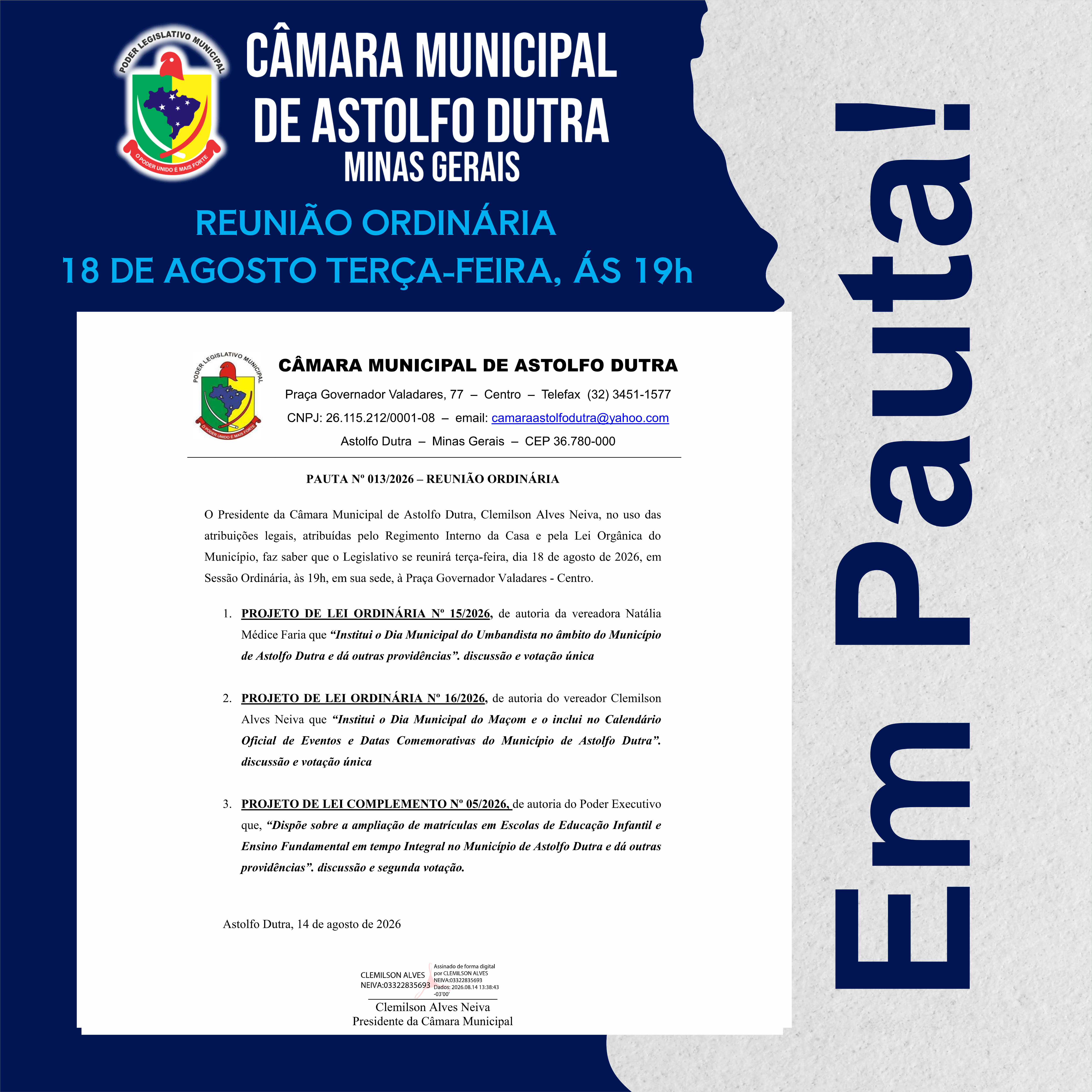 REUNIÃO ORDINÁRIA | PAUTA Nº 013/2026
