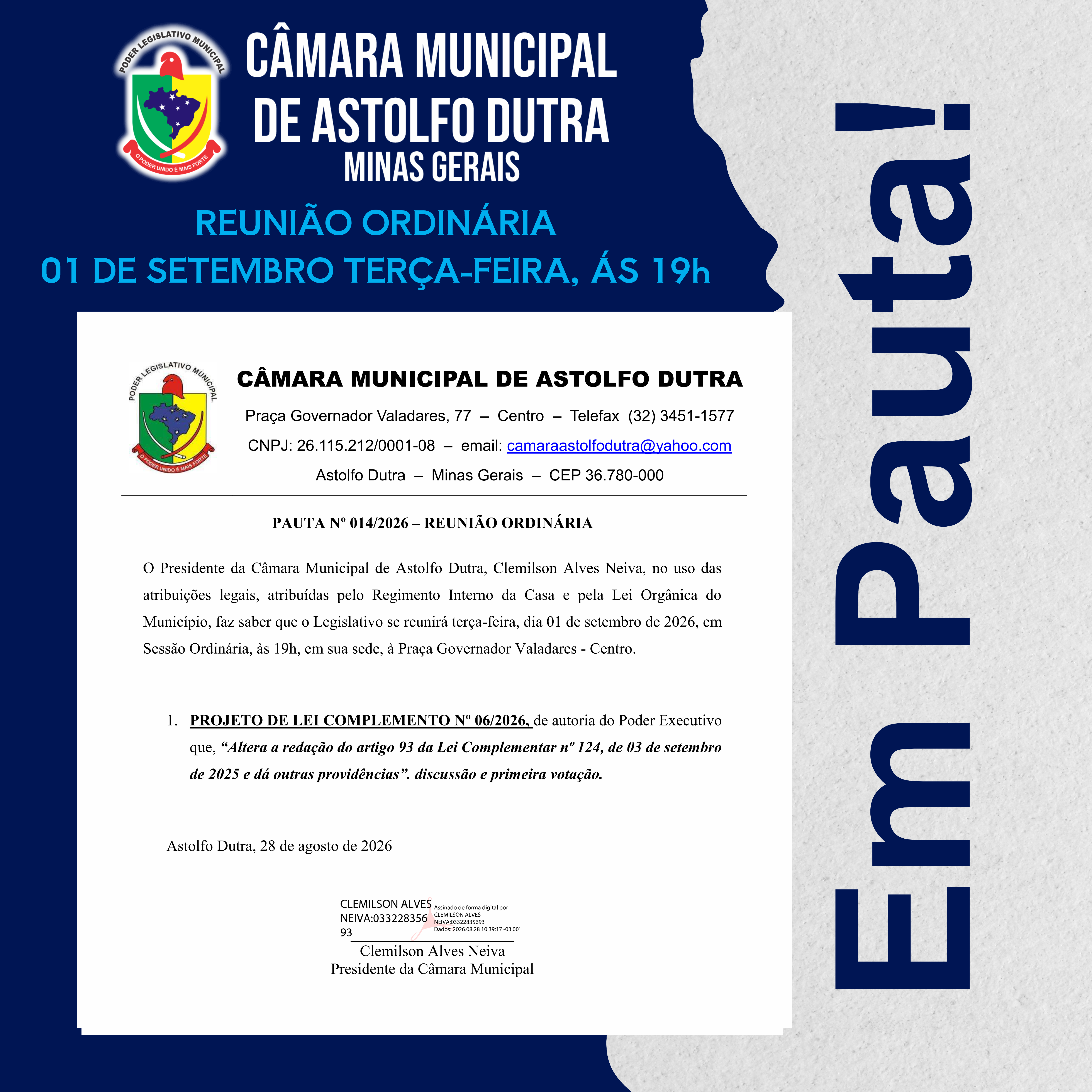 PAUTA DA REUNIÃO ORDINÁRIA 01 SETEMBRO DE 2026